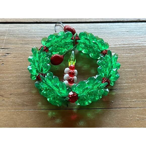 Vintage Christmas Wreath Ornament.Handmade Beaded.Candle in the middle.green/red - Picture 3 of 4